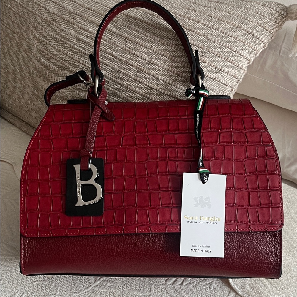 Sara Burglar Red pebble/Croc-Embossed Leather Handbag satchel-New-Italy